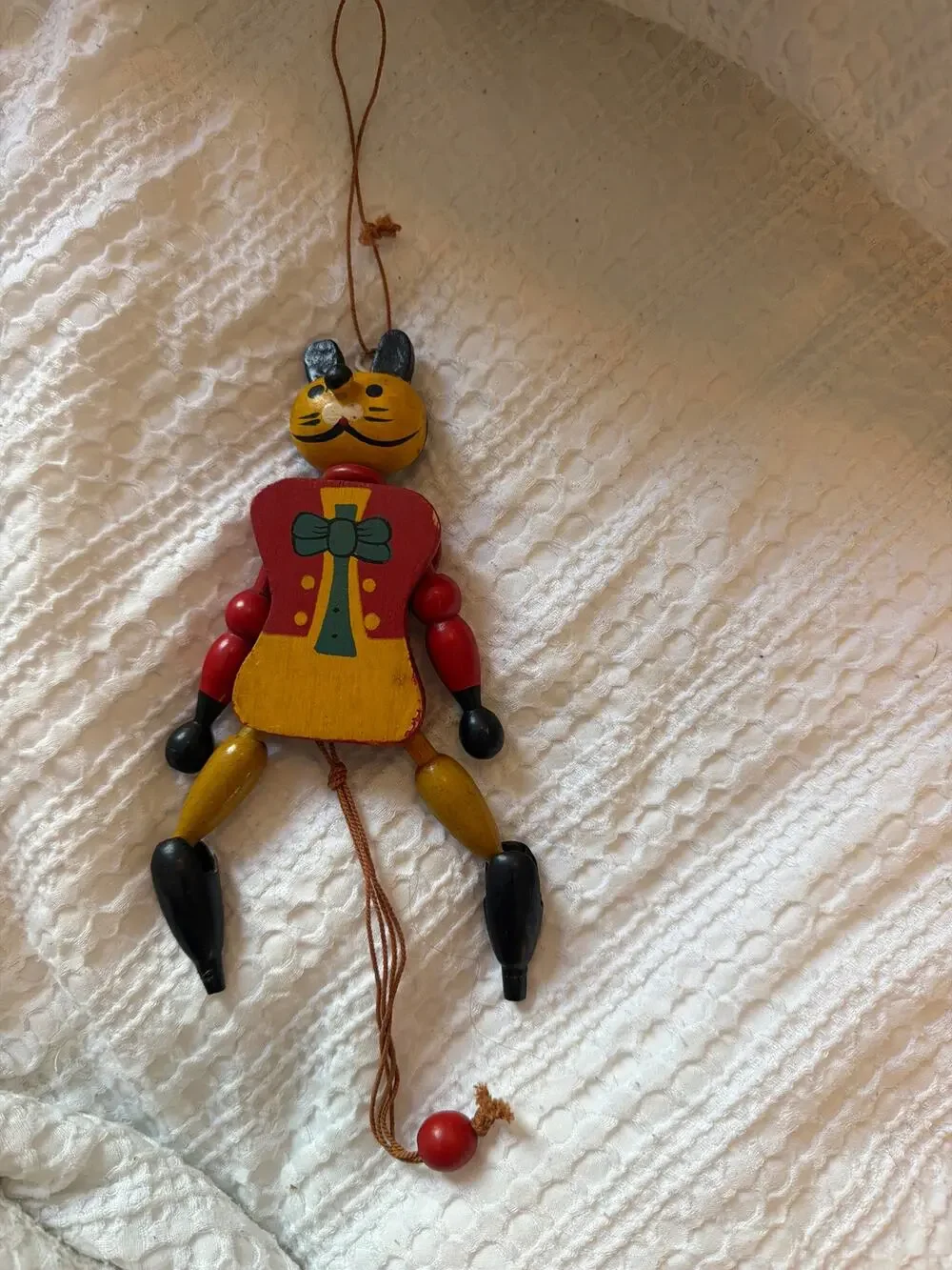 Vintage Wooden Jumping Jack Cat Pull String Hand Painted Folk Art Toy 7